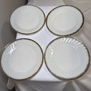 VTG Anchor Hocking Fire King Swirl Gold Rim Oven Safe Set of 4 Dinner Plates 9"
